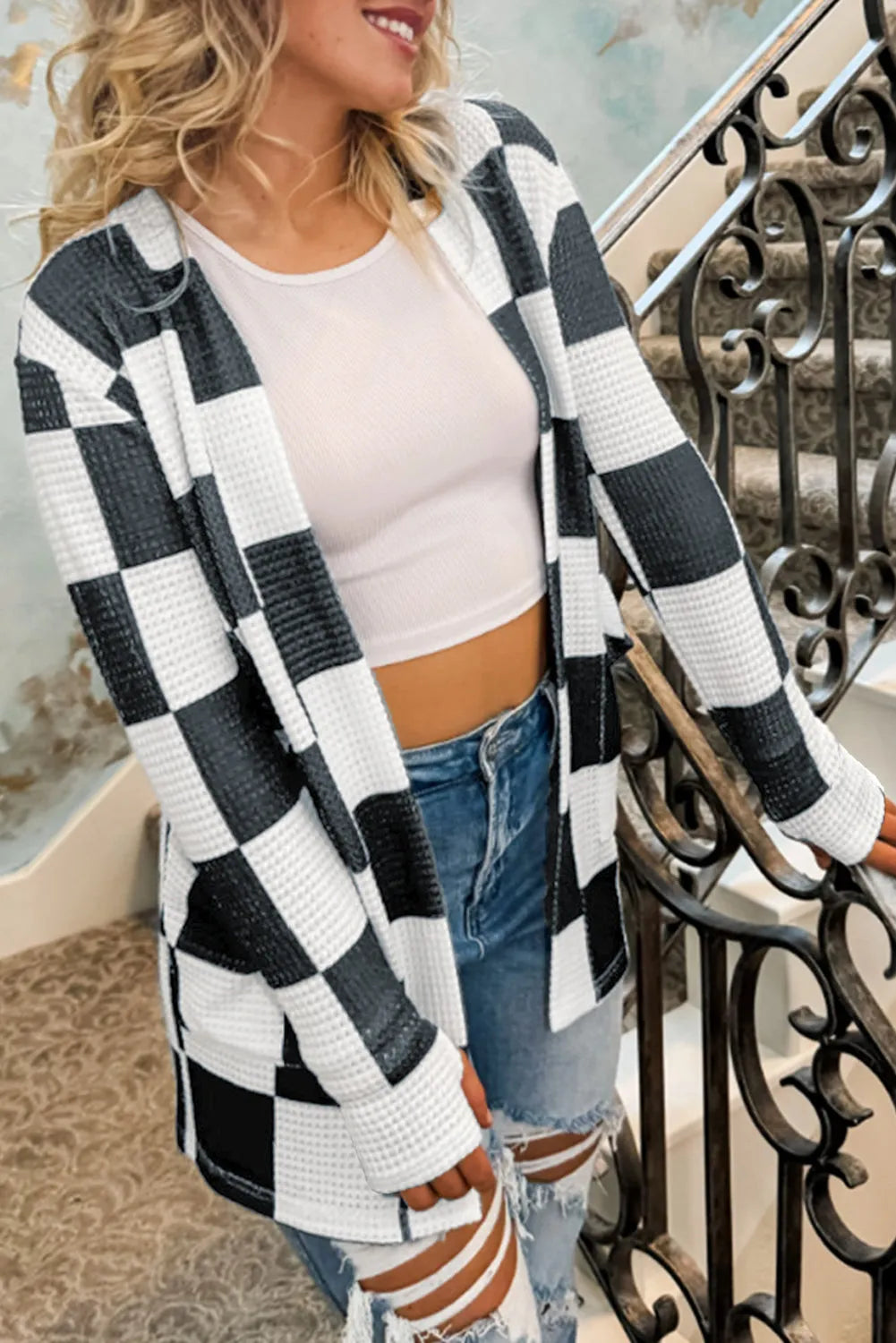 Black Checkered Waffle Knit Thumbhole Open Front Cardigan - Chic Meadow Boutique 