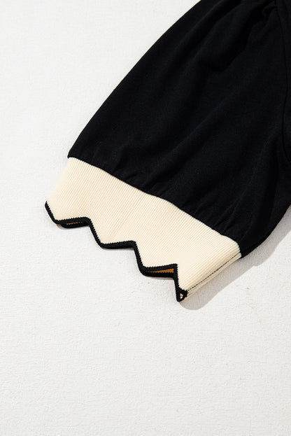 Black Color Contrast Collared V Neck Puff Sleeve Blouse