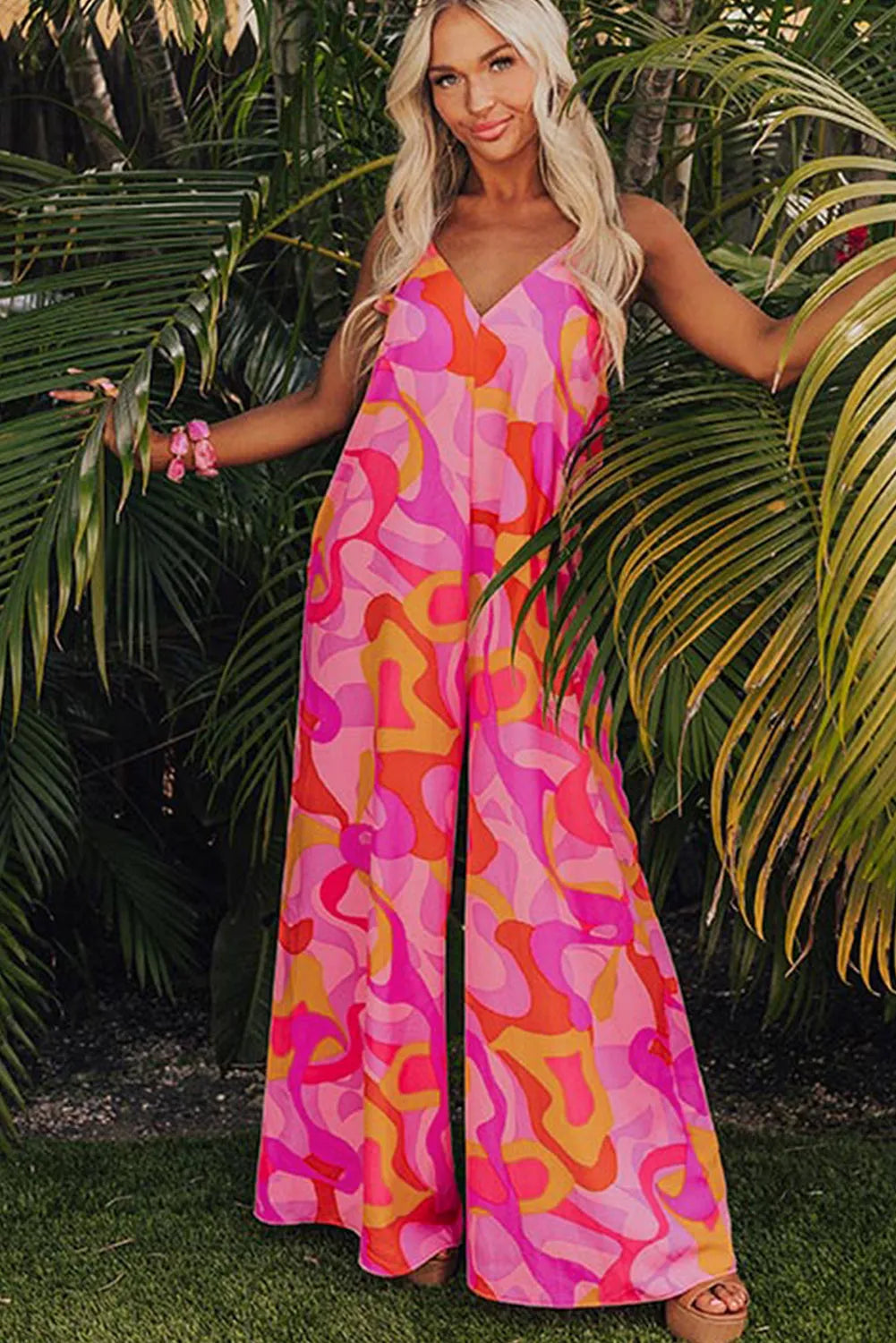 Pink Boho Abstract Print V Neck Wide Leg Jumpsuit - Chic Meadow Boutique 