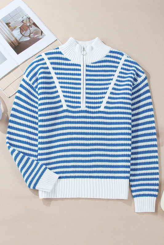 Sky Blue Stripe Zip up Collar Drop Shoulder Sweater - Chic Meadow Boutique 