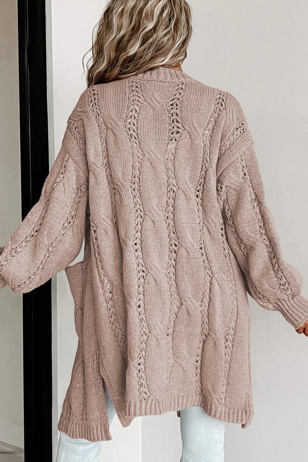 Apricot Ribbed Trim Eyelet Cable Knit Cardigan - Chic Meadow Boutique 