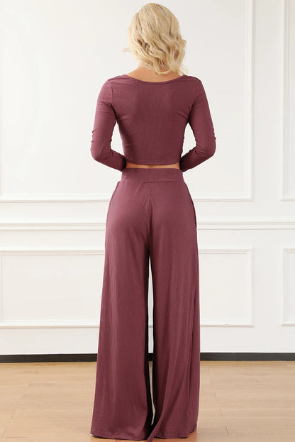 Solid Color Ribbed Crop Top Long Pants Set - Chic Meadow Boutique 