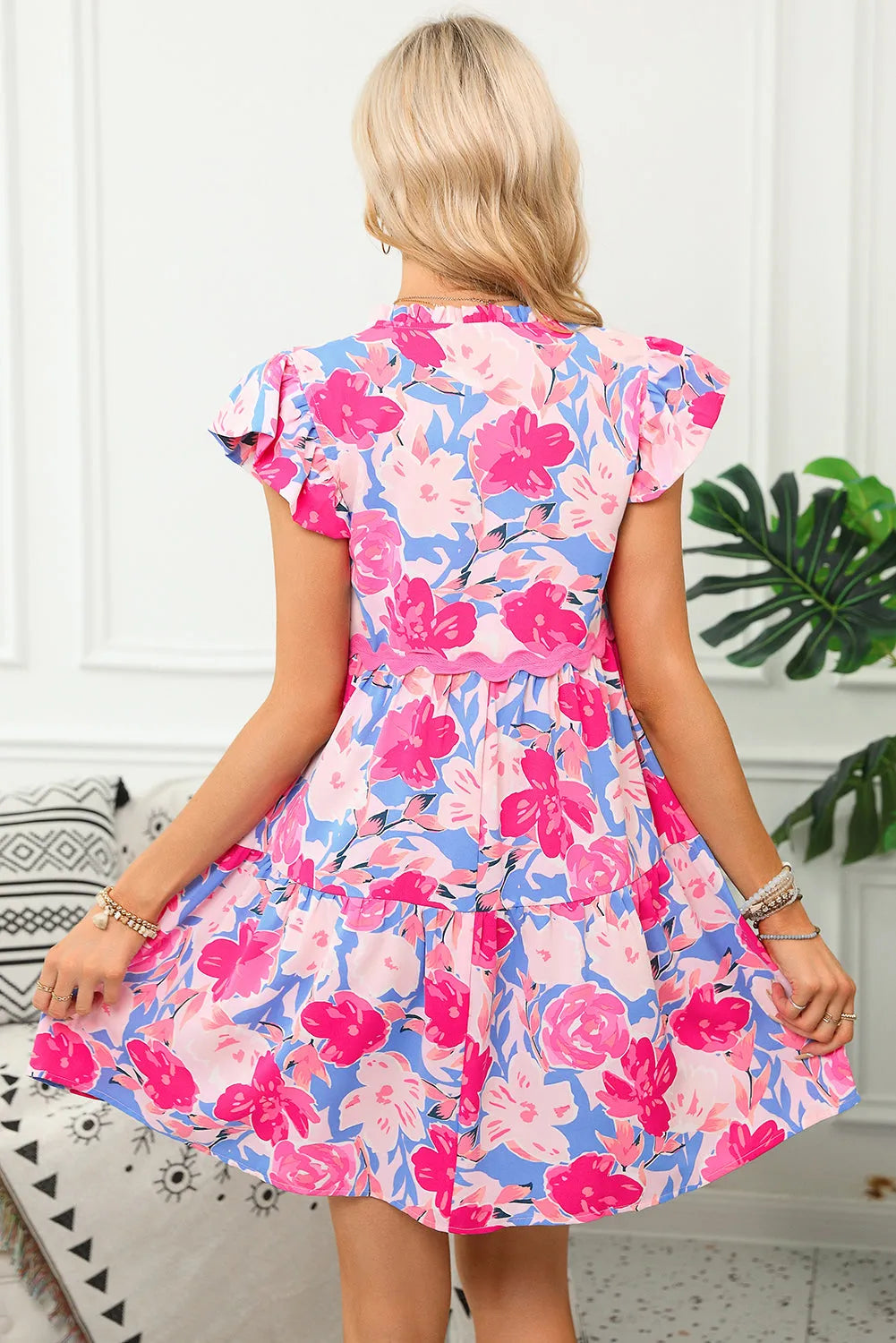 Pink Floral Printed V Notched Ric Rac Flutter Sleeve Dress - Chic Meadow Boutique 