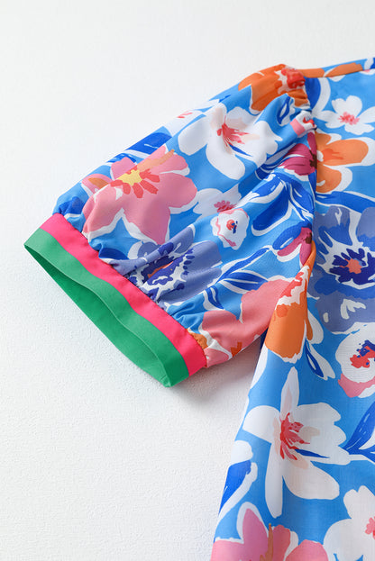 Sky Blue Floral Colorblock Edge Puff Sleeve Split Neck Blouse