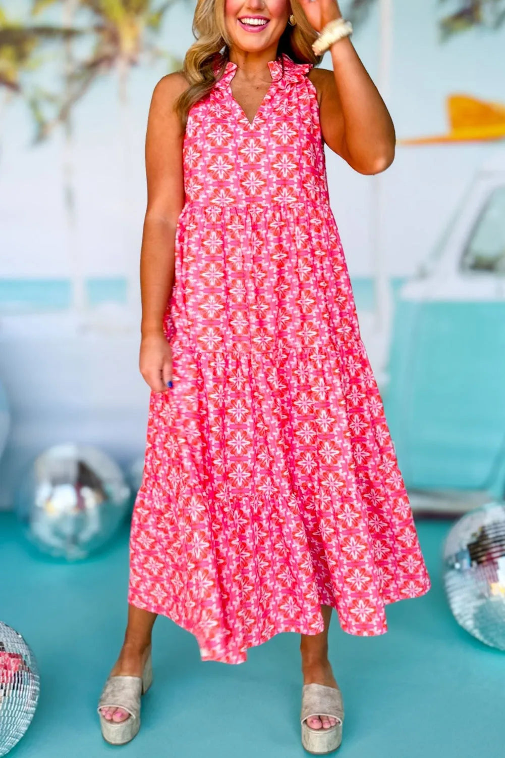 Pink Floral Print Frilly Neck Sleeveless Tiered Maxi Dress - Chic Meadow Boutique 