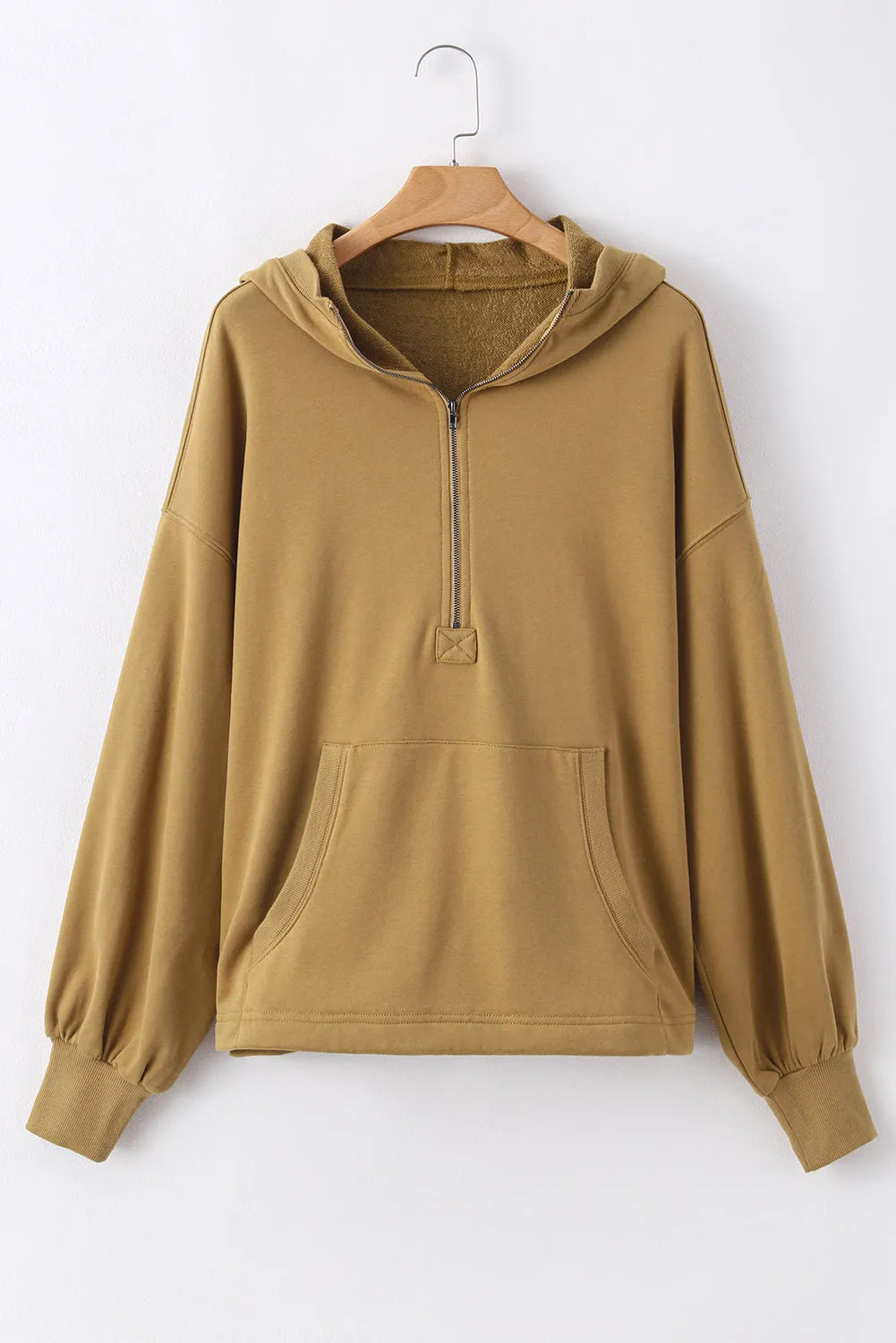 Brown Solid Kangaroo Pocket Half Zipper Oversized Hoodie - Chic Meadow Boutique 