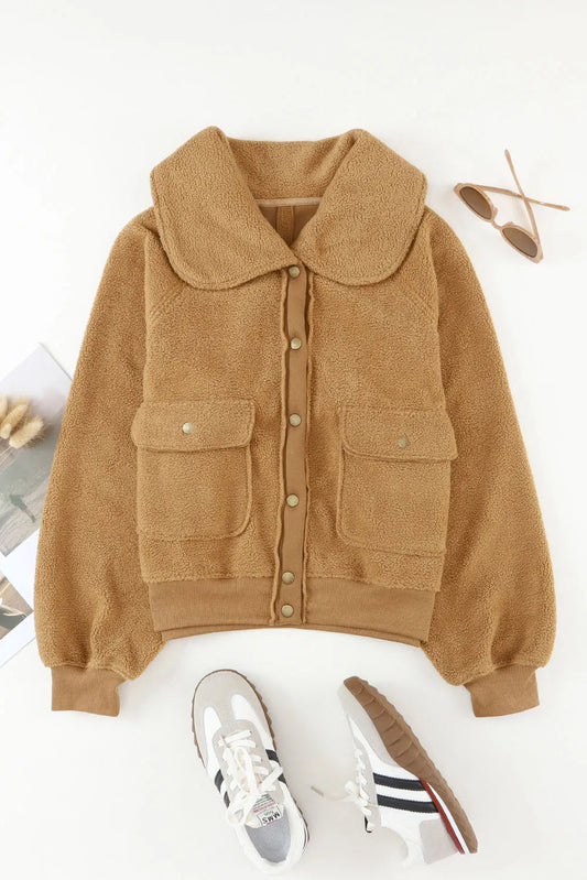 Brown Button Flap Pocket Spread Collar Fleece Jacket - Chic Meadow Boutique 