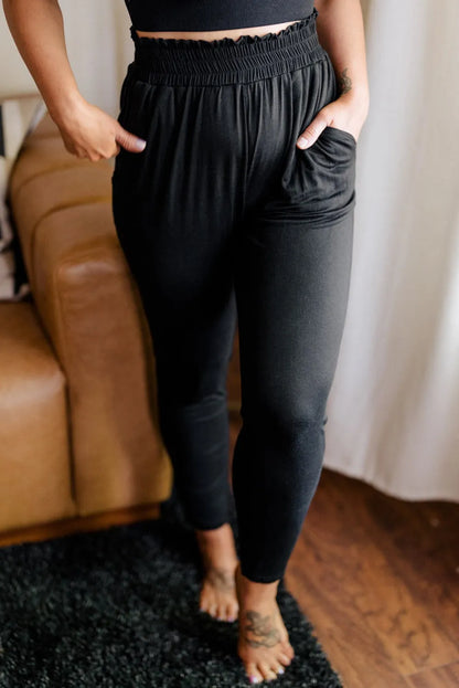 Black Plus Size Frill High Waist Pocketed Soft Pants - Chic Meadow Boutique 