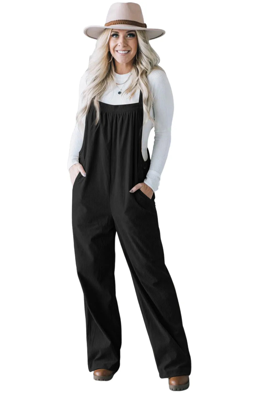 Black Solid Pocketed Loose Fit Corduroy Overall - Chic Meadow Boutique 