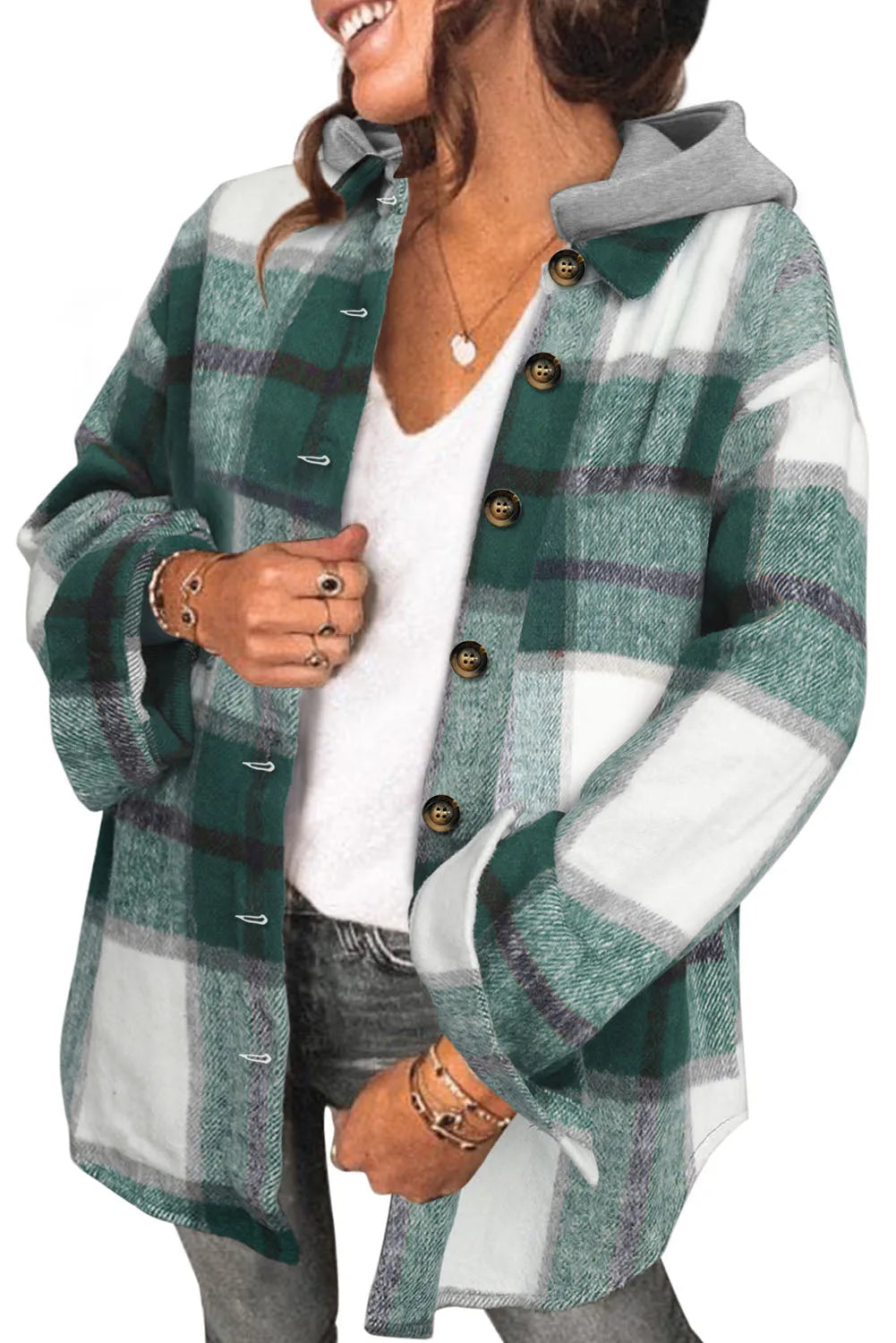 Green Hooded Plaid Button Front Shacket - Chic Meadow Boutique 