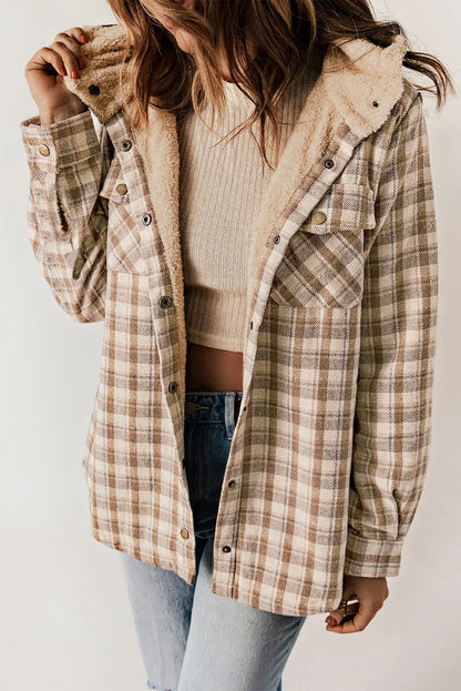 Khaki Plaid Pattern Sherpa Lined Hooded Shacket - Chic Meadow Boutique 