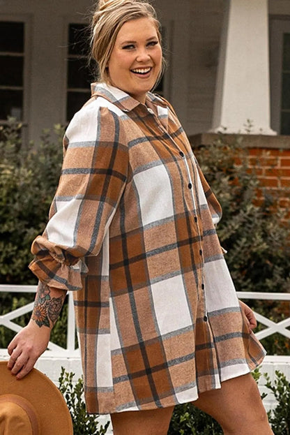 Plus Size/Plus Size Dresses/Plus Size Mini Dresses Khaki Plus Size Plaid Flounce Sleeve Button up Shirt Dress