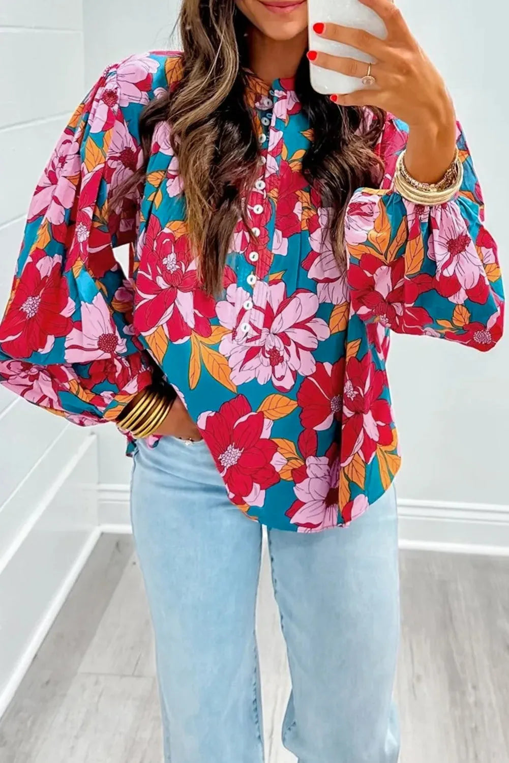 Red Floral Printed Balloon Sleeve Half Buttons Blouse - Chic Meadow Boutique 