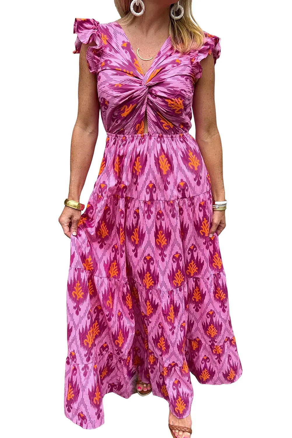 Bonbon Retro Print Twisted Front Ruffled Sleeve Maxi Dress - Chic Meadow Boutique 