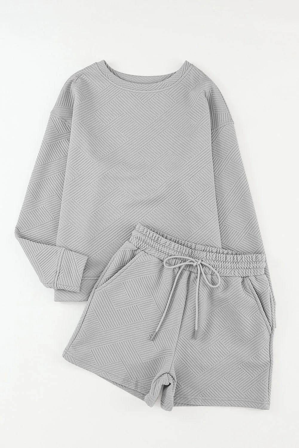 Two Piece Sets/Short Sets Gray Textured Long Sleeve Top and Drawstring Shorts Set