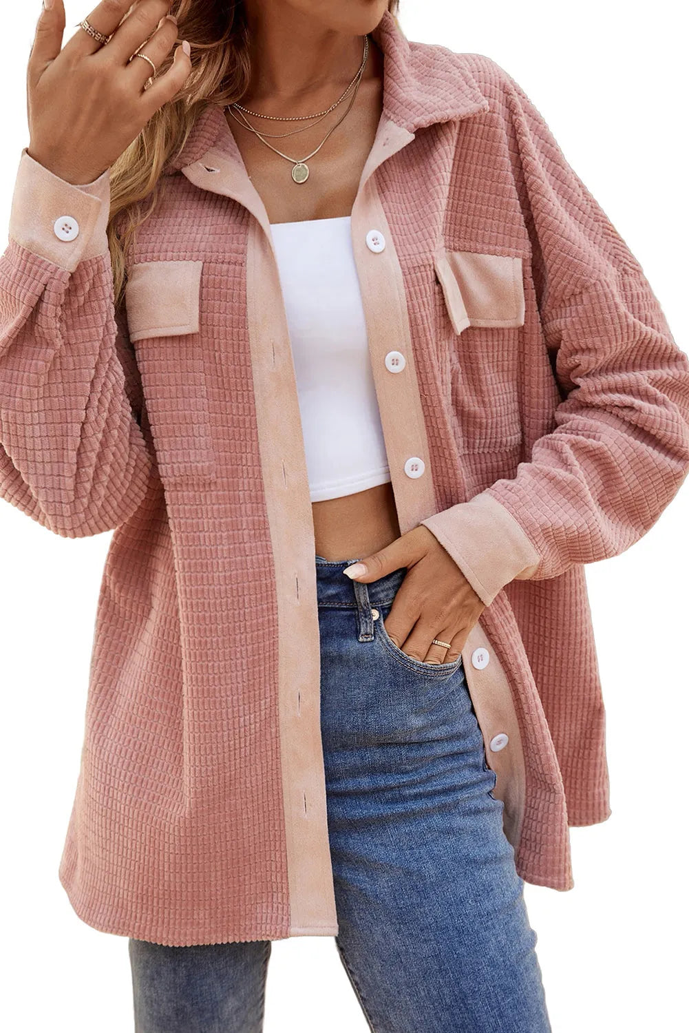 Peach Blossom Flap Pockets Drop Shoulder Textured Shacket - Chic Meadow Boutique 