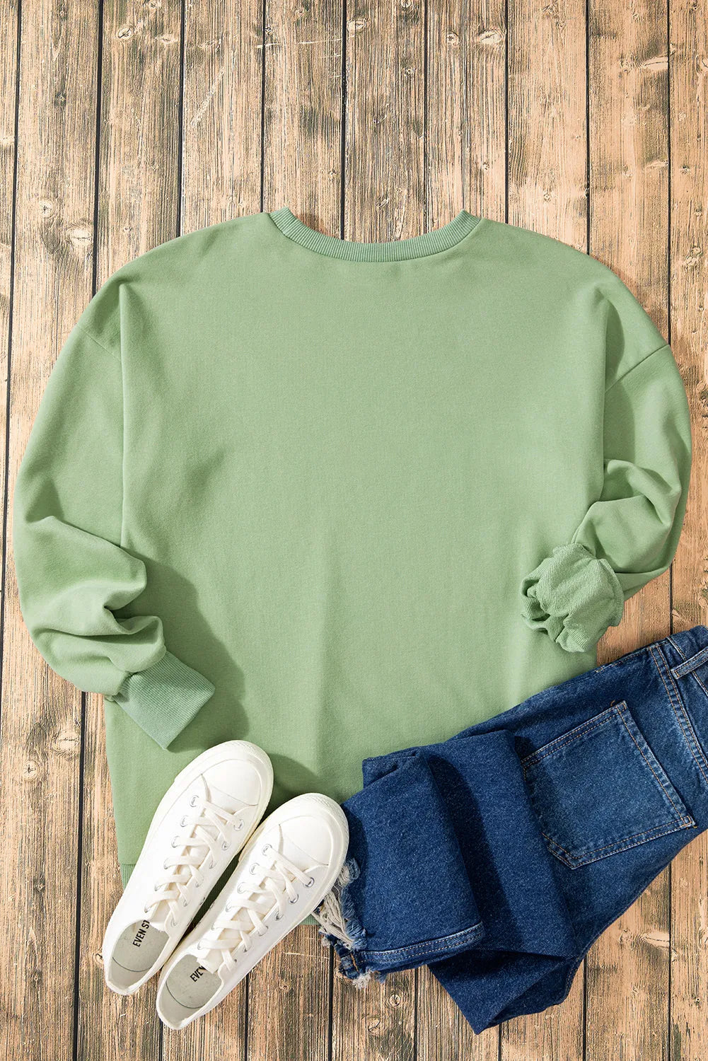 Smoke Green Solid O Neck High Low Hem Pullover Sweatshirt - Chic Meadow Boutique 