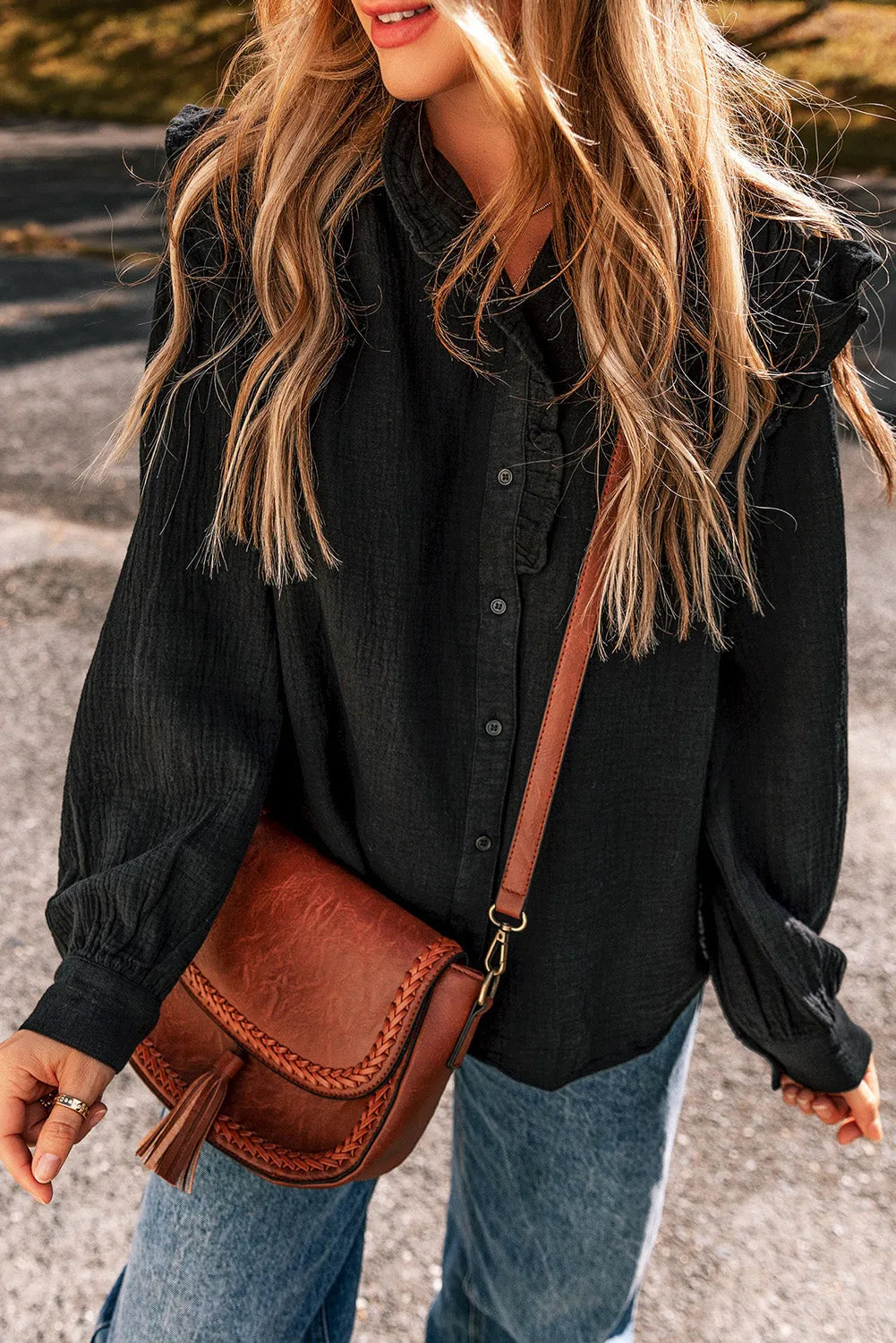 Black Textured Ruffled Trim Buttoned Loose Fit Shirt - Chic Meadow Boutique 