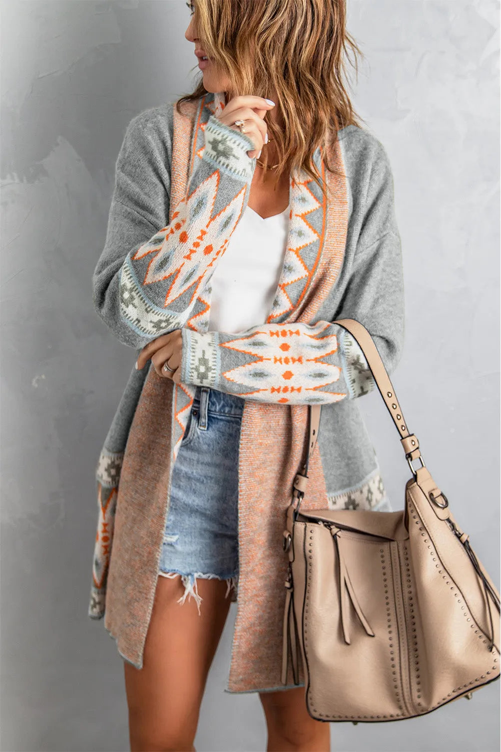 Gray Aztec Print Open Front Knitted Cardigan - Chic Meadow Boutique 