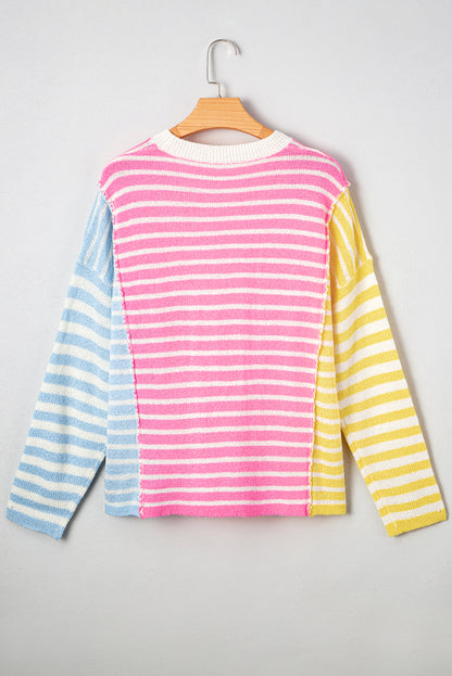 Multicolour Color Block Striped Patchwork Dolman Sleeve Slit Sweater