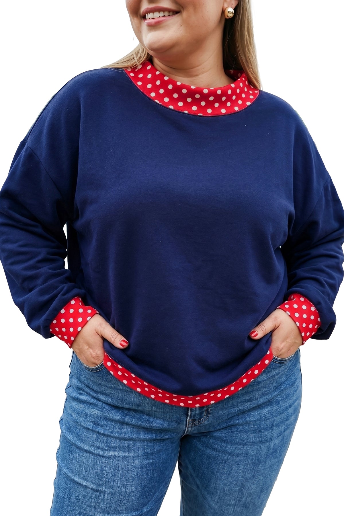 Dirty blue Polka Dot Patchwork Round Neck Plus Size Sweatshirt