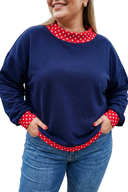 Dirty blue Polka Dot Patchwork Round Neck Plus Size Sweatshirt