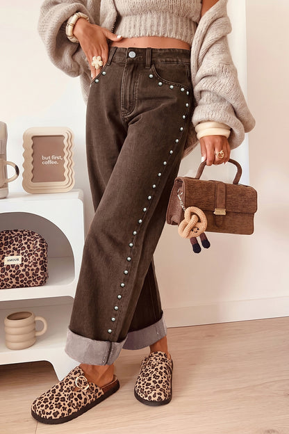 Coffee Studded Detail Straight Leg Casual Loose Jeans