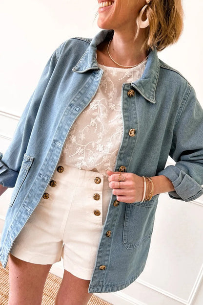 Dusk Blue Slit Buttons Pocketed Denim Jacket - Chic Meadow Boutique 