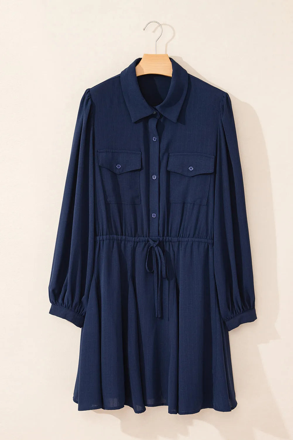 Navy Blue Solid Chest Pockets Tunic Shirt Mini Dress - Chic Meadow Boutique 