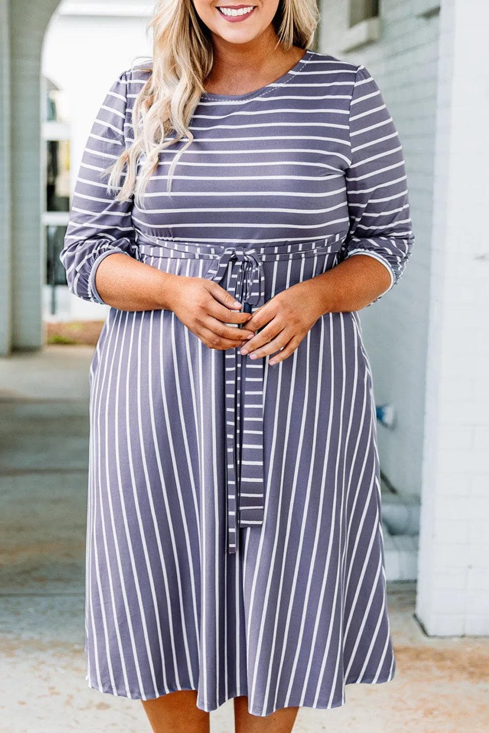 Plus Size/Plus Size Dresses/Plus Size Midi Dresses Gray Striped Tie Waist 3/4 Sleeve Plus Size Dress