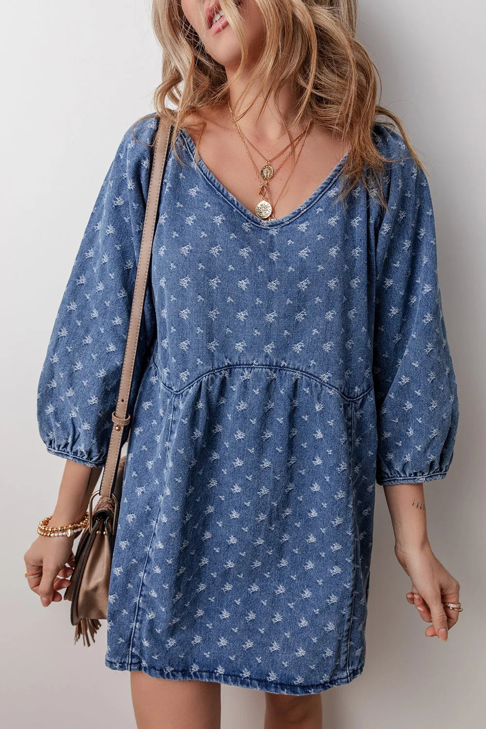 Dresses/Mini Dresses Ashleigh Blue / S / 75%Cotton+25%Polyester Ashleigh Blue Textured Open Back Loose Fit Denim Dress