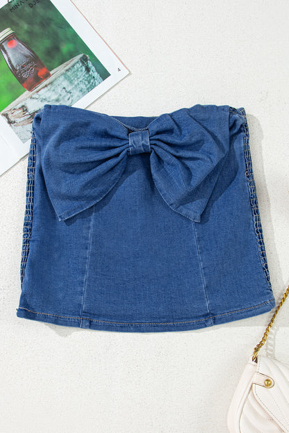 Sail Blue Vintage Bow Front Smocked Back Denim Tube Top