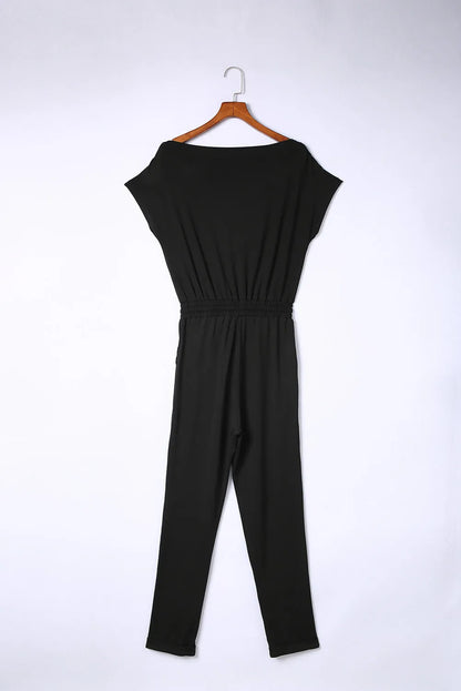 Black Tie Waist Short Sleeve Tapered Jumpsuit - Chic Meadow Boutique 