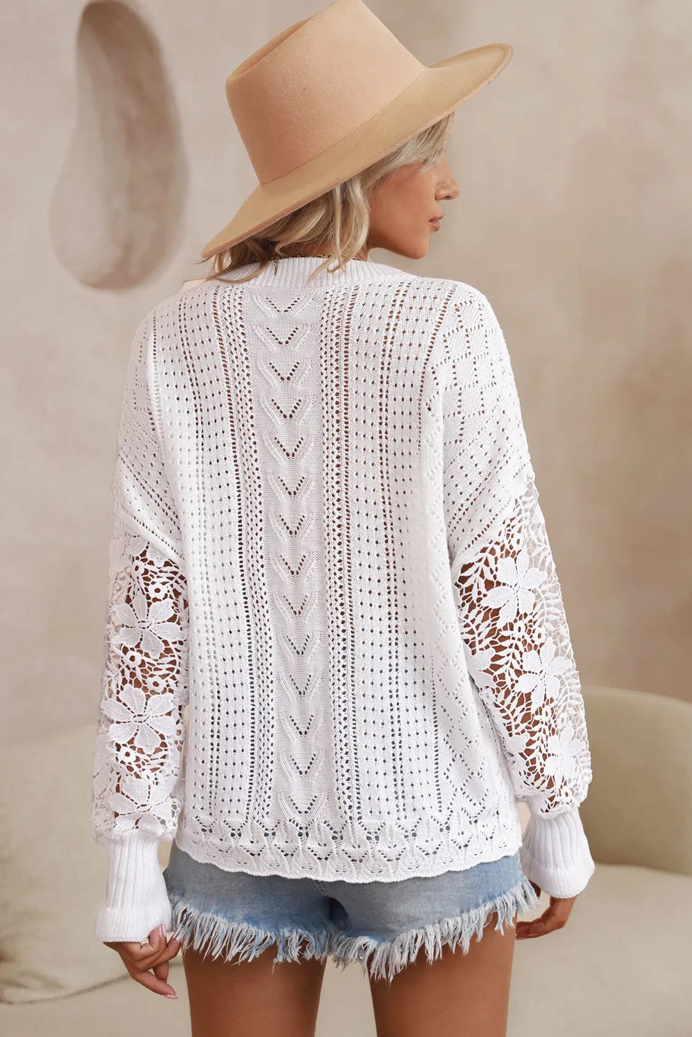 White Lace Crochet Hollow Out Knit Buttoned Sweater - Chic Meadow Boutique 