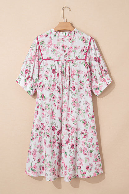 Pink Floral Split Neck Short Sleeve Loose Plus Size Mini Dress