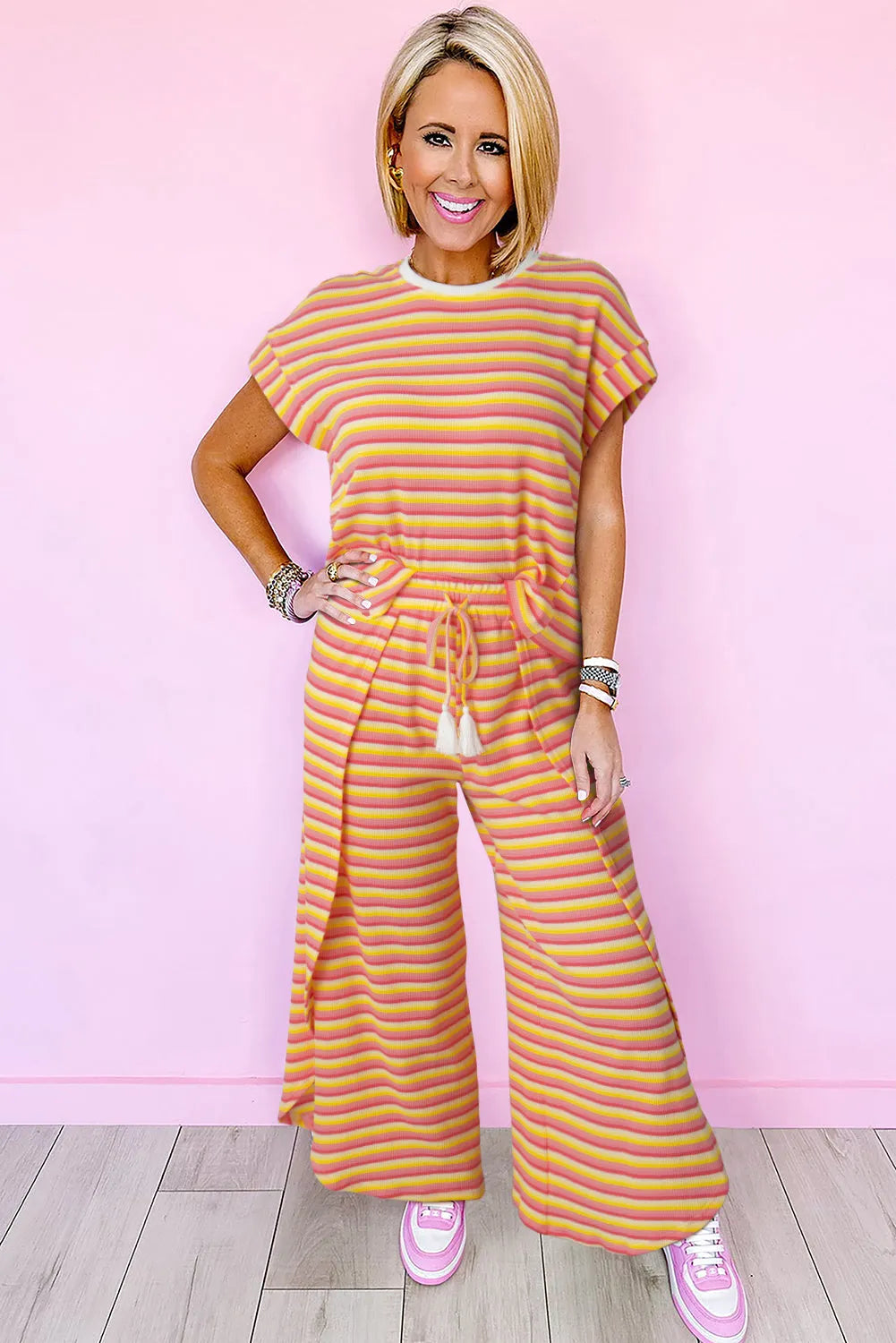 Yellow Stripe Rainbow Tee Tasseled String Wide Leg Pants Set - Chic Meadow Boutique 