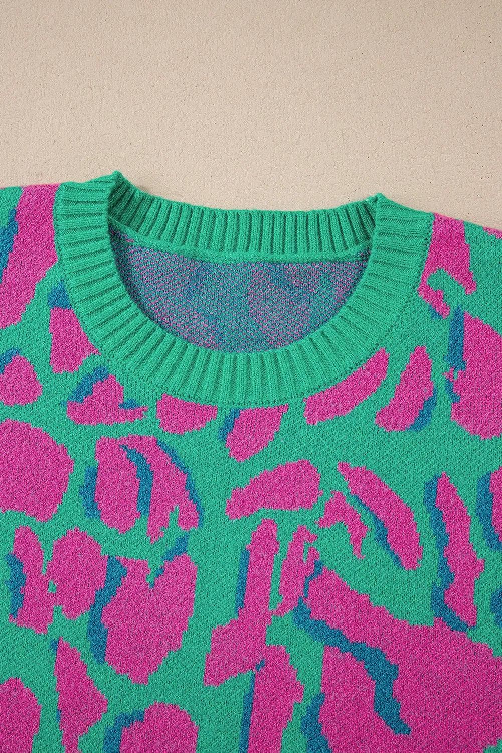 Sweaters & Cardigans/Sweaters Green Abstract Print Ribbed Trim Baggy Sweater