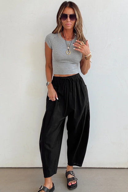Black Drawstring Elastic Waist Patch Pocket Barrel Leg Casual Pants