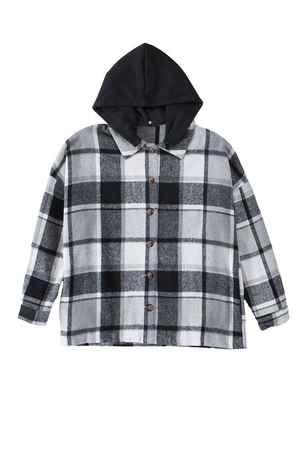 Gray Hooded Plaid Button Front Shacket - Chic Meadow Boutique 