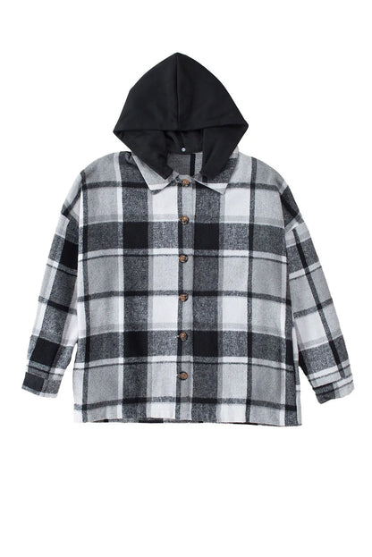 Gray Hooded Plaid Button Front Shacket - Chic Meadow Boutique 