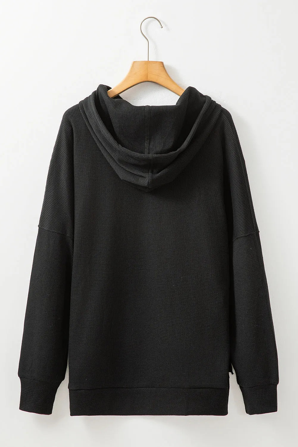 Black Waffle Knit Fleece Lined High Low Oversized Hoodie - Chic Meadow Boutique 