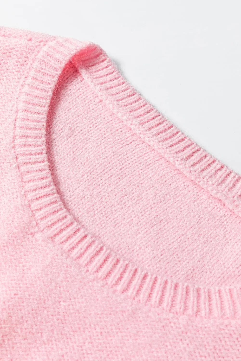 Sweaters & Cardigans/Sweaters Pink Knitted Flower Pattern Ribbed Edge Sweater