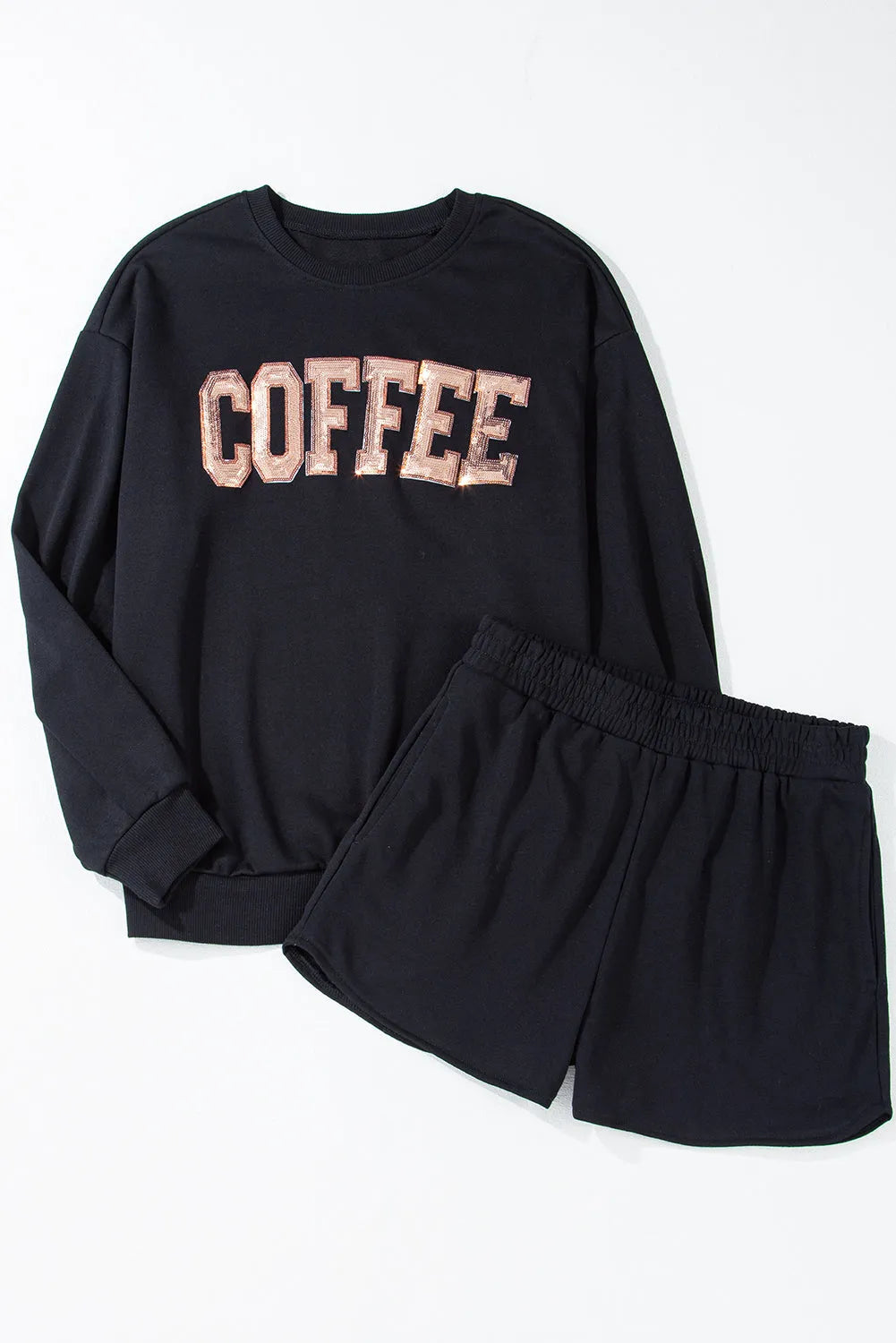 Black Sequined COFFEE Loose Fit Sweatshirt and Shorts Set - Chic Meadow Boutique 