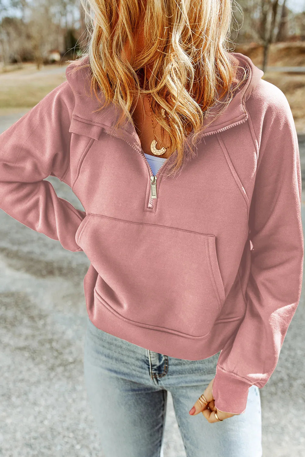 Pink Quarter Zip Kangaroo Pocket Hoodie - Chic Meadow Boutique 