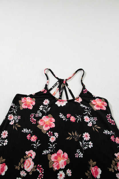 Black Floral Spaghetti Straps Strappy Back Tank Top - Chic Meadow Boutique 