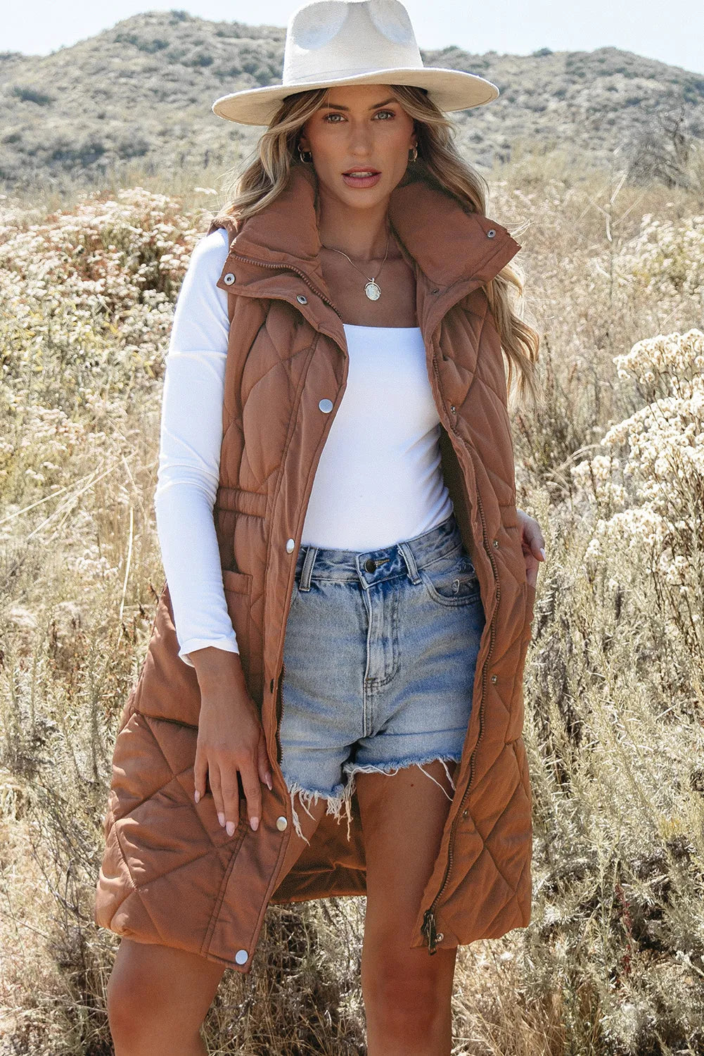 Coffee Longline Quilted Stand Collar Puffer Vest - Chic Meadow Boutique 