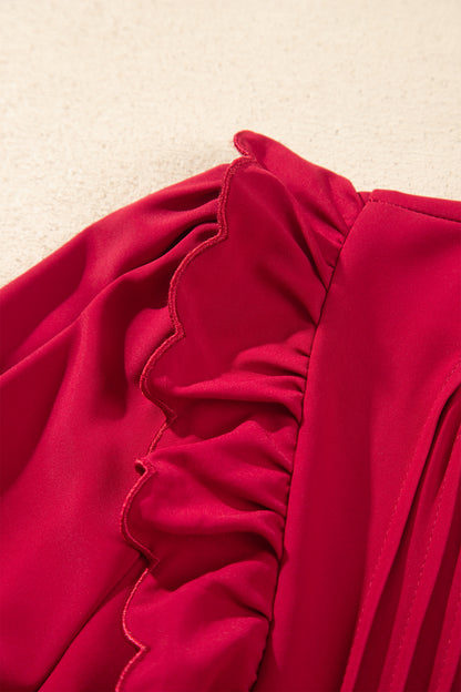 Racing Red Solid Color Ruffle Trim Long Sleeve Tiered Shift Midi Dress