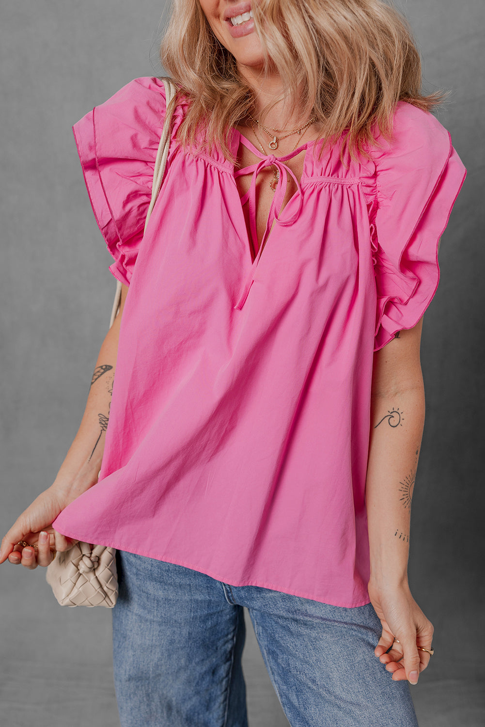 Sachet Pink Shirred Yoke Lace up V Neck Ruffled Sleeve Blouse