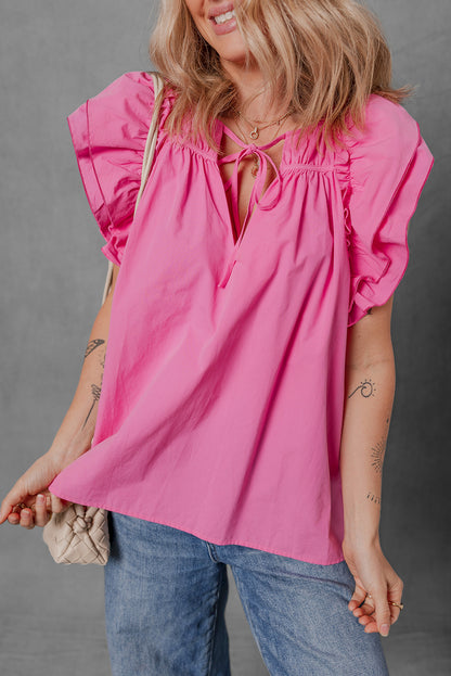 Sachet Pink Shirred Yoke Lace up V Neck Ruffled Sleeve Blouse