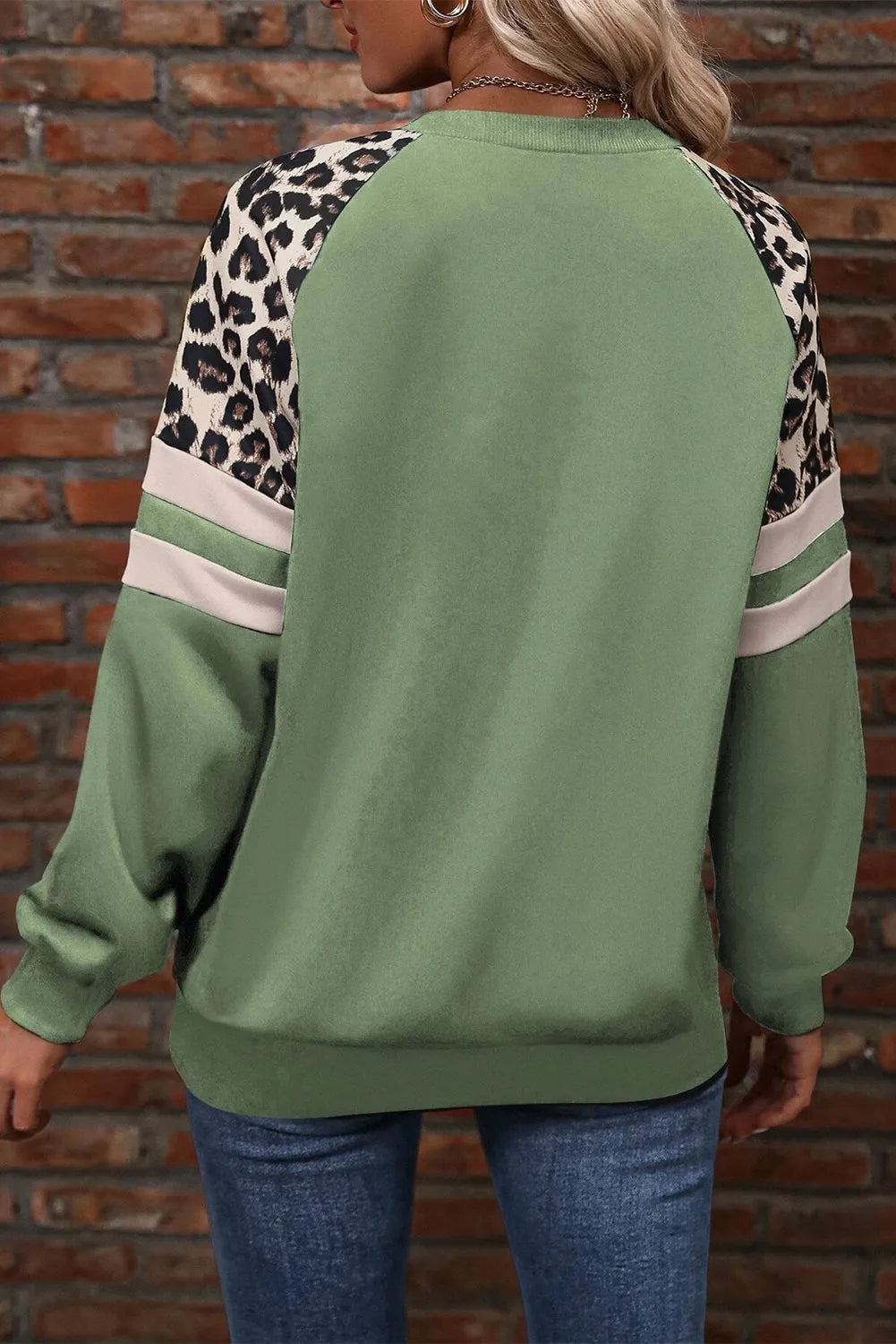 Grass Green Leopard Print Colorblock Raglan Sleeve Sweatshirt - Chic Meadow Boutique 